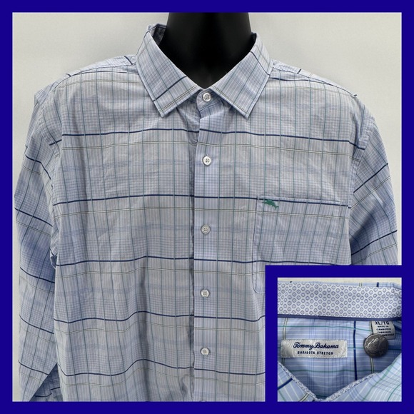 Tommy Bahama Other - Tommy Bahama Mens XL Long Sleeve Plaid Stretch Button Down Shirt Green Fish Logo